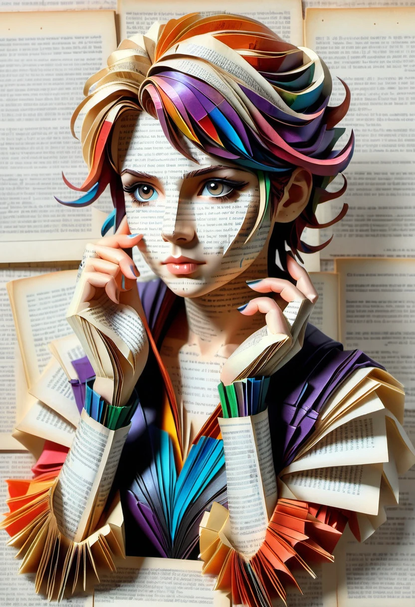 (((masterpiece))) , (((best quality))) , anime style, 2d, well-built charming 1girl, solo, lovely 1girl, Bookpaper, portrait of  Kathryn Janeway with a book-like appearance, vibrant paint. she’ s resting her hand on her chin, made out of pages of newspaper, creating a striking and eye-catching scene., she has Shaved sides hair, key visual, 