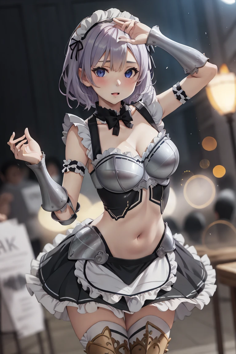 masterpiece, best quality,  1girl, maid-armor,  breasts, navel, hips, dynamic poses, dynamic angle, <lora:maid-armor:0.8>