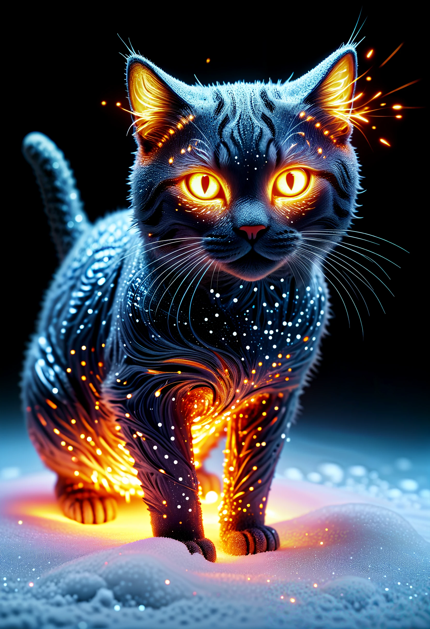 sparkles, depiction of a cat made out of glowing hot iron inside cold nitrogen, intricate, detailed
