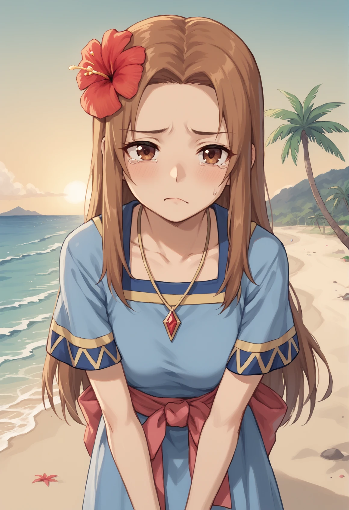 1girl, long hair, brown hair, brown eyes, hair flower, hibiscus, necklace, blue dress, sash, bracelet, jewelry, outdoors, beach, shore, palm tree, sunset, upper body, covering crotch, bent over, blushing, looking at viewer, pout, closed mouth, tears  <lora:Marin_zelda:1>, score_9, score_8_up, score_7_up, score_6_up, score_5_up, score_4_up, BREAK source_anime, masterpiece