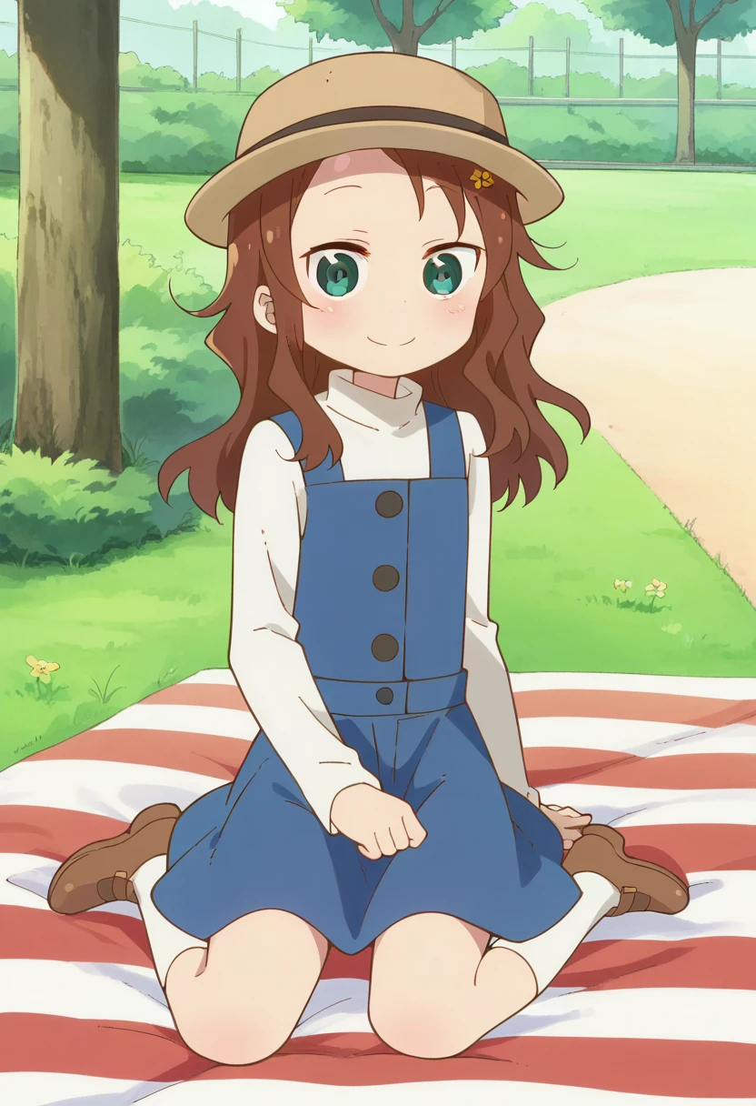 1girl, solo, rikos, saidrs, long hair, brown hair, hair ornament, green eyes, flower, blue dress, pinafore dress, white shirt,brown headwear, socks, brown footwear, <lora:PonyXL Riko Saikawa:1>, score_9, score_8_up, score_7_up, score_6_up, score_5_up, score_4_up , anime coloring ,BREAK source_anime, anime,
looking at viewer, smile, 
outdoors, park, grass, picnic blanket, sitting on blanket, next to tree,