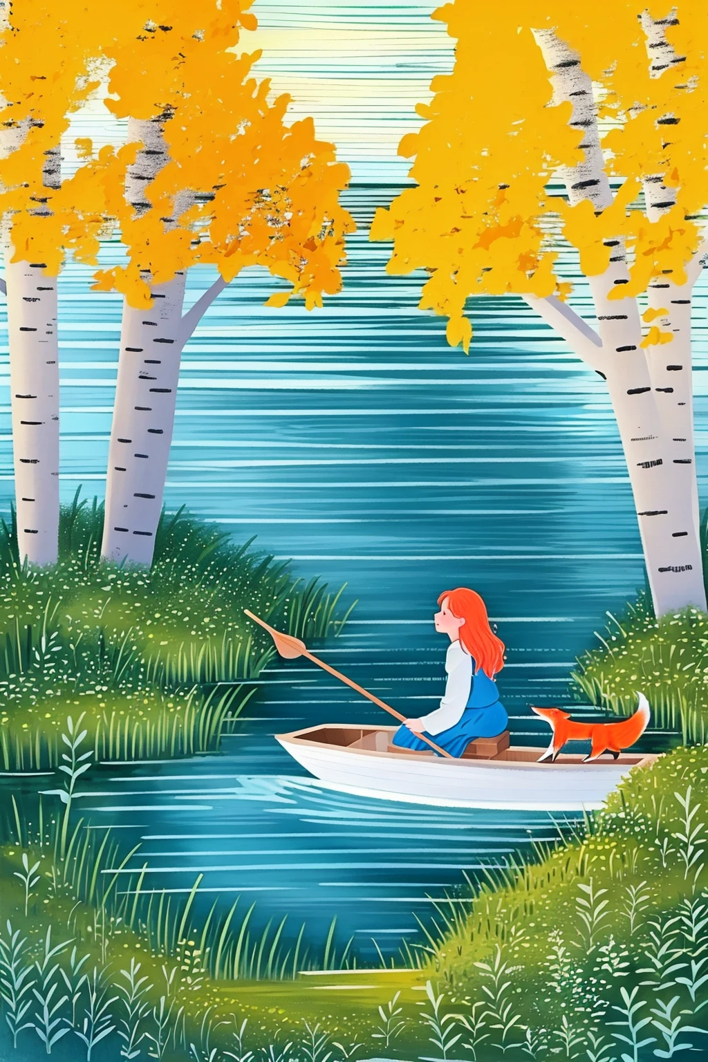 <lora:chat0515:0.8>,illustrations,1girl,outdoors,leaf,tree,wide shot,long sleeves,profile,sitting,boat,water,grass,solo,long hair,dog,white shirt,shirt,watercraft,orange hair,traditional media,animal,from side,fox,reflective water,scenery,plant,reflection,day,blue dress,