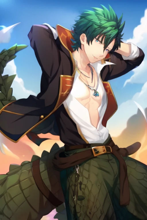 (masterpiece),(best_quality),1boy,Kubira,hooded jacket,necklace,fingerless gloves,open shirt,multiple belts,bell bottoms,crocodilian tail,<lora:Kubira:1>,