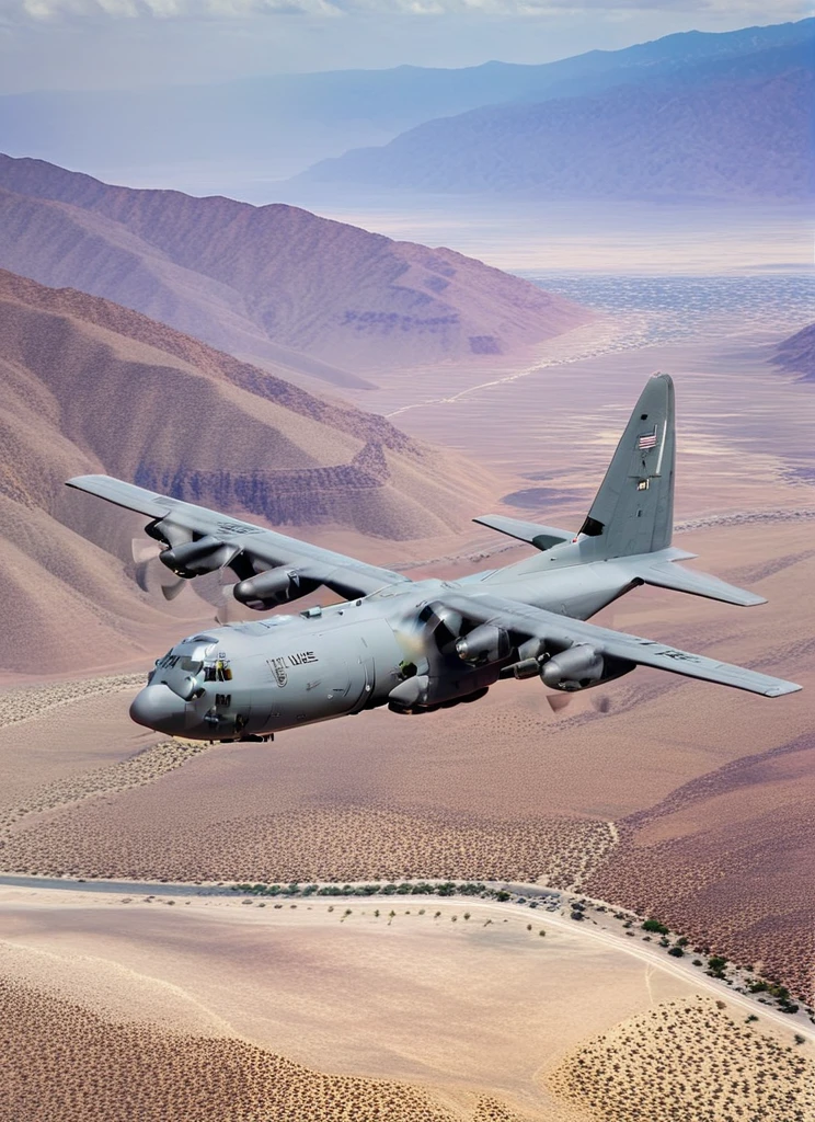 Picture of C130 flying over mountainous desert, <lora:AIR_C130:1>