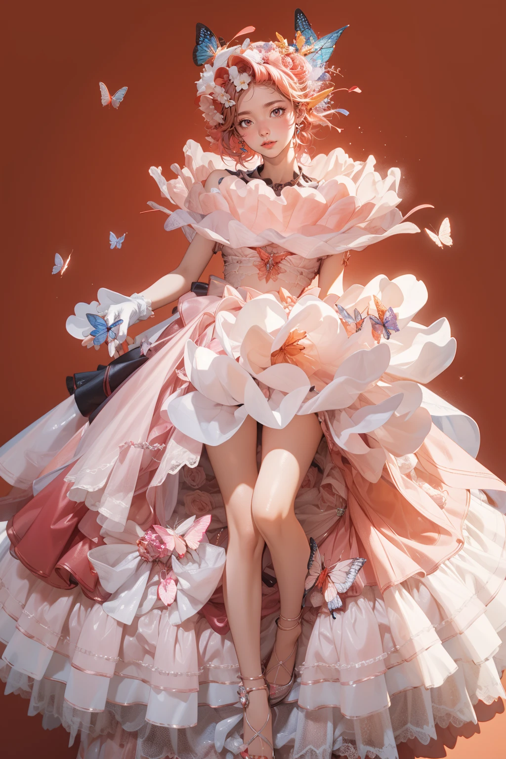 1girl,solo,red background,standing,thigh gap,,ruanyi0551,bow,butterfly,dress,frilled dress,hair flower,gloves,hair ornament,full body,<lora:0551 Full of fragrance 1_v1:1>, best quality,masterpiece,highres,official art,extremely detailed cg unity 8k wallpaper