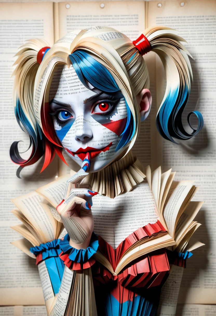 (((masterpiece))) , (((best quality))) , anime style, 2d, well-built charming 1girl, solo, lovely 1girl, Bookpaper, portrait of Harley Quinn with a book-like appearance, her face painted with vibrant red and blue paint on her cheeks. she’ s resting her hand on her chin, made out of pages of newspaper, creating a striking and eye-catching scene., she has Shaved sides hair, key visual,