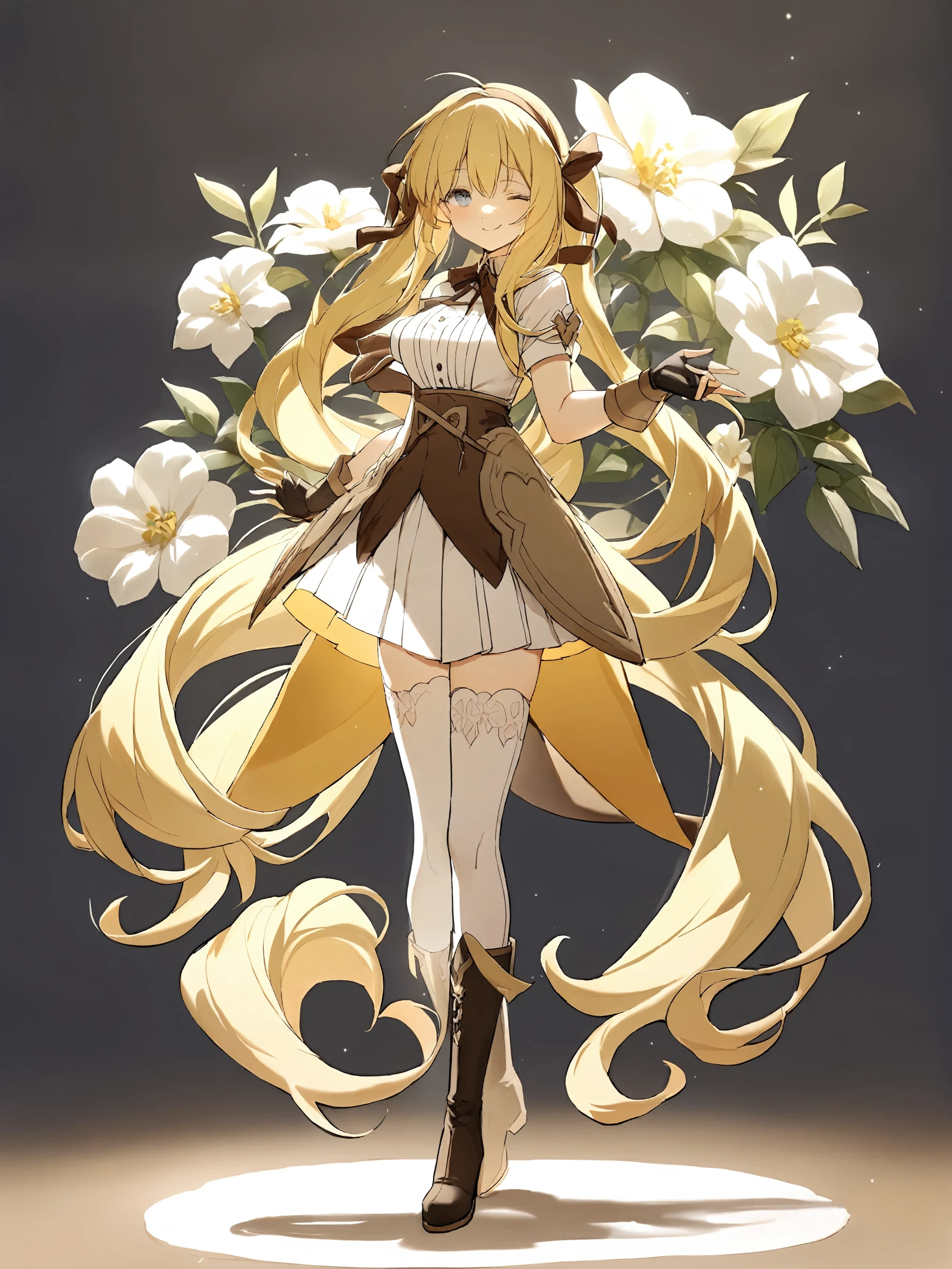 1girl,
solo, thighhighs, smile, breasts, long hair, blush, very long hair, white background, ribbon, white thighhighs, hair ribbon, white pantyhose, gloves, full body, closed mouth, boots, simple background, skirt, blonde hair, black gloves, one eye closed, thigh boots, looking at viewer, flower, pantyhose, blue eyes, dress, brown hairband, hairband, fingerless gloves, standing, white flower, pleated skirt,
masterpiece, best quality, safe
<lora:mki-ani3-konya_karasue-v2:1>