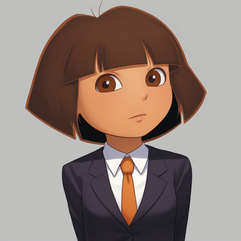 score_7_up, BREAK,  1girl, solo, Dora, short hair, brown hair, brown eyes, tan,  <lora:DoraTheExplorer_XL_Leaf2:1>, cowboy shot, formal, suit, necktie,