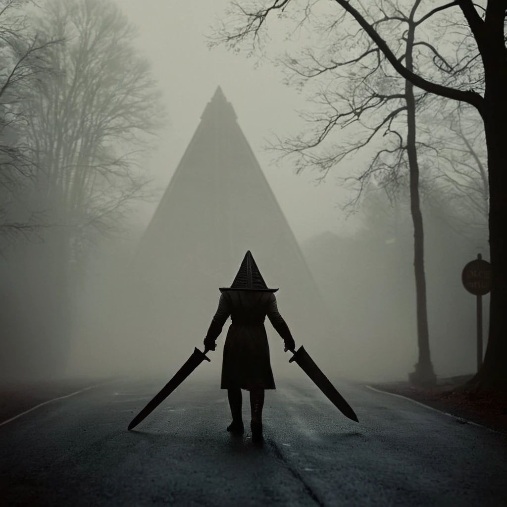 cinematic film still of  <lora:perfection style:0.5> <lora:detailed:0.5> perfection detailed
 <lora:Sairento Hiru style:0.9>
 <lora:Pyramid Head:0.9>
In the mysterious New England town of Silent Hill Pyramid Head a person walking in the fog with a huge sword,Triangle Head,outdoors,tree,no humans,scenery,sign,road sign , cinematic, supernatural, horror style, Sairento Hiru style, shallow depth of field, vignette, highly detailed, high budget, bokeh, cinemascope, moody, epic, gorgeous, film grain, grainy