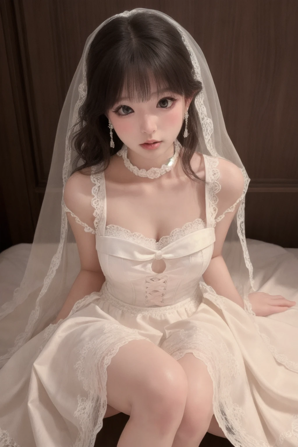 masterpiece, high quality,1girl, cowboy shot, wedding dress, bridal veil,waist apron, lace trim, choker,earrings, lace trim, ornate clothes, skirt hold, blush, parted lips, sitting, knees,garter straps, 
<lora:ip-adapter-faceid-plusv2_sd15_lora:0.63>    <lora:ell_v1:0.52>