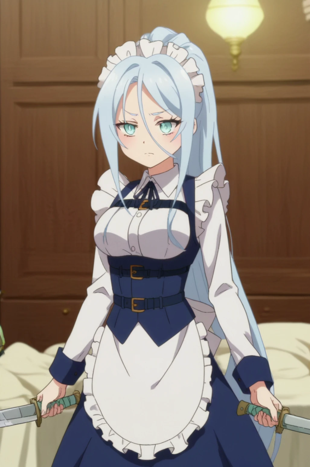 rating_all, score_8_up,score_7_up, flat colors, flat shadows, anime screencap, Sylpha, white shirt, frills, belt, sword, apron, maid, maid headdress, holding sword, underbust <lora:Dainanaoji-PDXL:0.7>,
