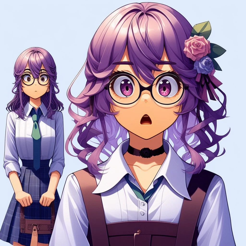 choker, necktie, hair flower, hair ornament, skirt, glasses, upper body, collared shirt, THAT Style, simple background, surprised