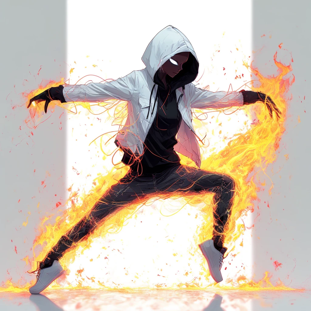 arthlgrm, white jacket, fire, cross-laced footwear, dancing, hooded jacket, transparent, single hair bun, outstretched arms, blurry background