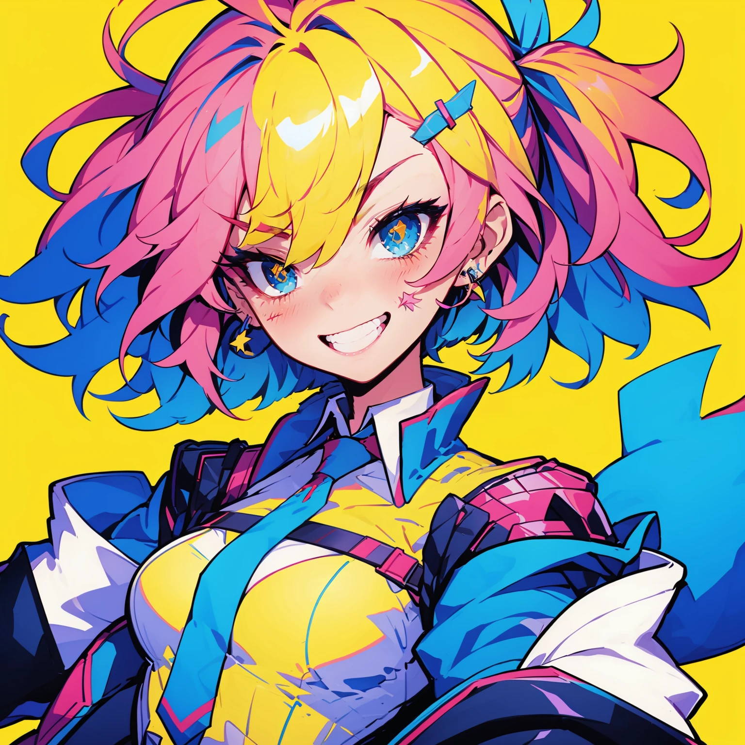 colorful, HEZI, Burst girl, gorgeous, detailed, 1girl, solo, smile, necktie, blue eyes, looking at viewer, white jacket, jacket, upper body, yellow background, multicolored hair, shirt, star \(symbol\), blue hair, breasts, earrings, short hair, pink hair, jewelry, bangs, open jacket, grin, blush, medium breasts, collared shirt, open clothes, blue necktie, ahoge, facial mark, white shirt, medium hair, simple background, two-tone hair, underbust, torn clothes, long sleeves, teeth, blonde hair, streaked hair, aqua necktie, v-shaped eyebrows, hair ornament, strap, hair between eyes, wing collar,<lora:ç¸è£æå¥³å©-000009:0.75>,