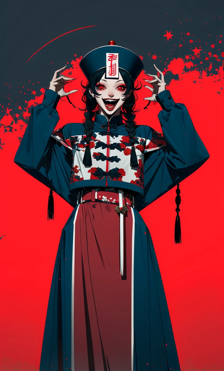 ((masterpiece)), ((best quality)), 8k, high detailed, ultra-detailed,1girl, jiangshi, jiangshi costume, solo, open mouth, ofuda, black hair, red eyes, smile, looking at viewer, long hair, braid, red background, long sleeves <lora:psycho_JiangS:0.7>