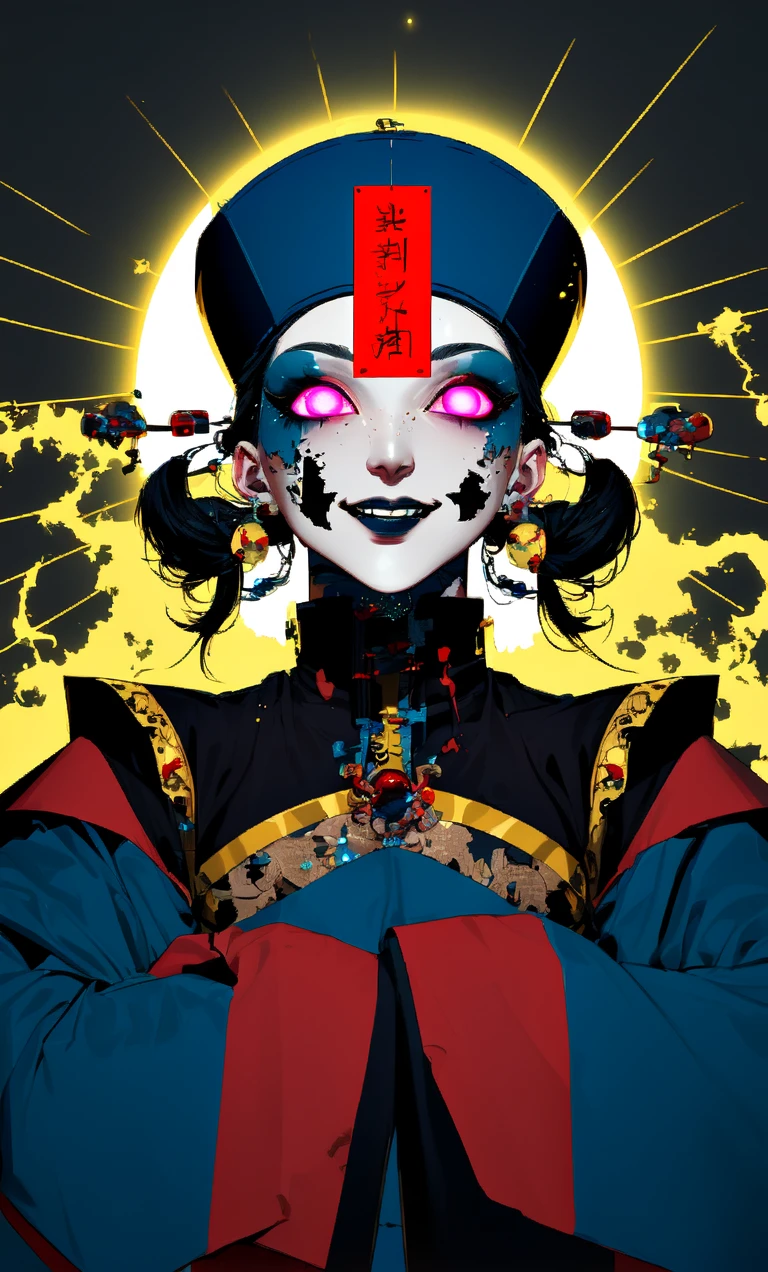 ((masterpiece)), ((best quality)), 8k, high detailed, ultra-detailed,1girl, jiangshi costume, jiangshi, hand, fingernails, finger, playful smirk, close-up with a focus on her sparkling neon pink eyes, composition split with a digital glitch effect dividing her face into colorful segments, background of fragmented psychedelic panels in vibrant yellows and greens, split lighting casting dramatic shadows, digital art, intense facial expression detail,   <lora:psycho_JiangS:1>