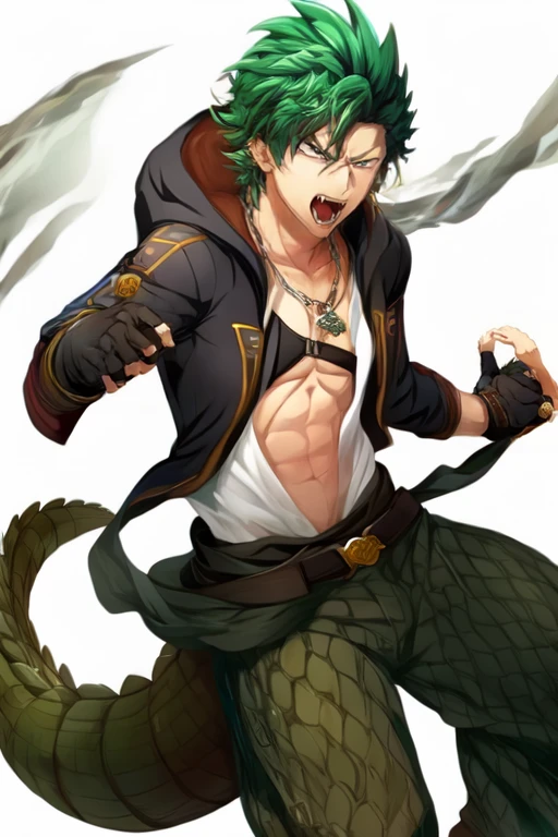 (masterpiece),(best_quality),1boy,Kubira,hooded jacket,necklace,fingerless gloves,open shirt,multiple belts,bell bottoms,crocodilian tail,open mouth,fangs,angry,<lora:Kubira:1>,