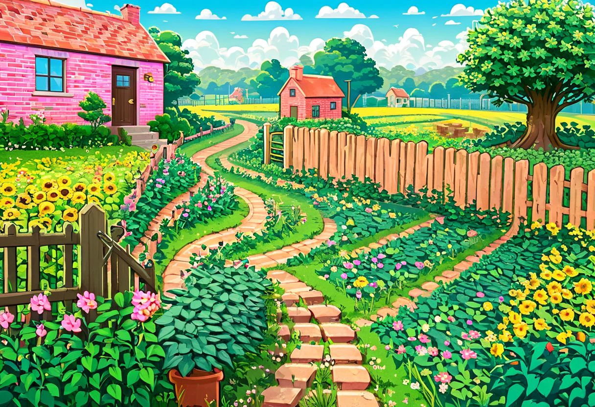 (((high quality))),highly_detailed,extremely_detailed_CG_unity_8k_wallpaper,illustration,highres,absurdres,High saturation,clear,rational construction,cartoon style,brick_wall, building, bush, day, door, fence, field, flower, flower_field, garden, grass, house, nature, no_humans, outdoors, path, pink_flower, plant, potted_plant, road, scenery, sunflower, tree, tree_stump DreamlikeIllustration