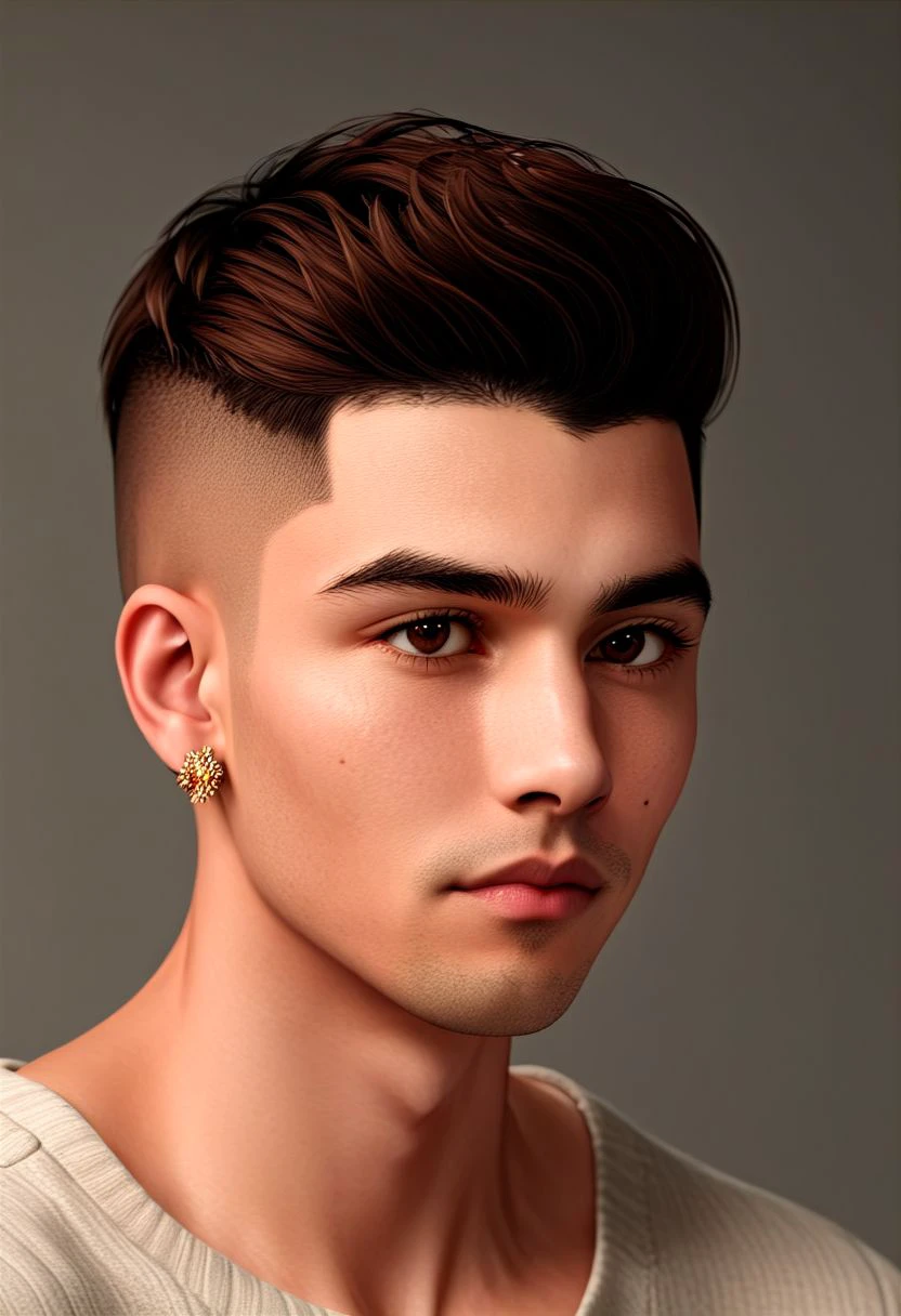 vpzdxizz, solo, jewelry, earrings, male focus, 1boy, brown eyes, mole, looking at viewer, realistic, short hair, black hair, portrait, very short hair, collarbone, grey background, side lighting, cinematic angle, masterpiece, best quality ,