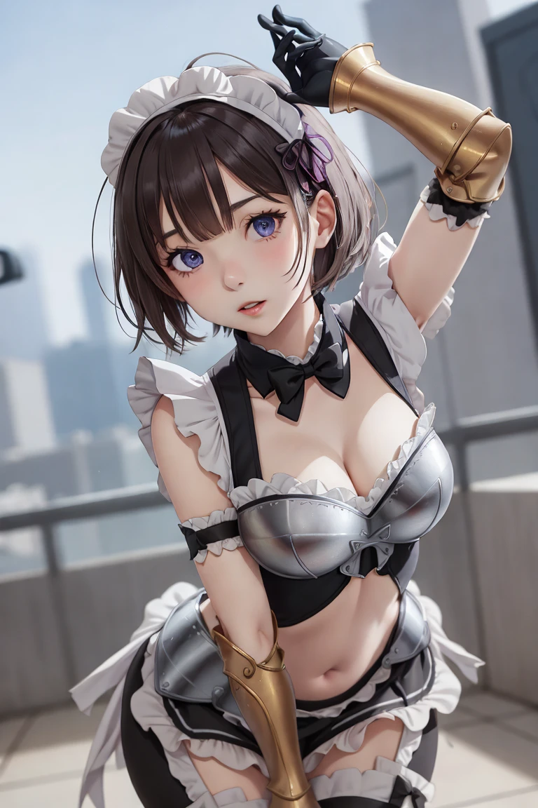 masterpiece, best quality,  1girl, maid-armor,  breasts, navel, hips, dynamic poses, dynamic angle, <lora:maid-armor:0.8>