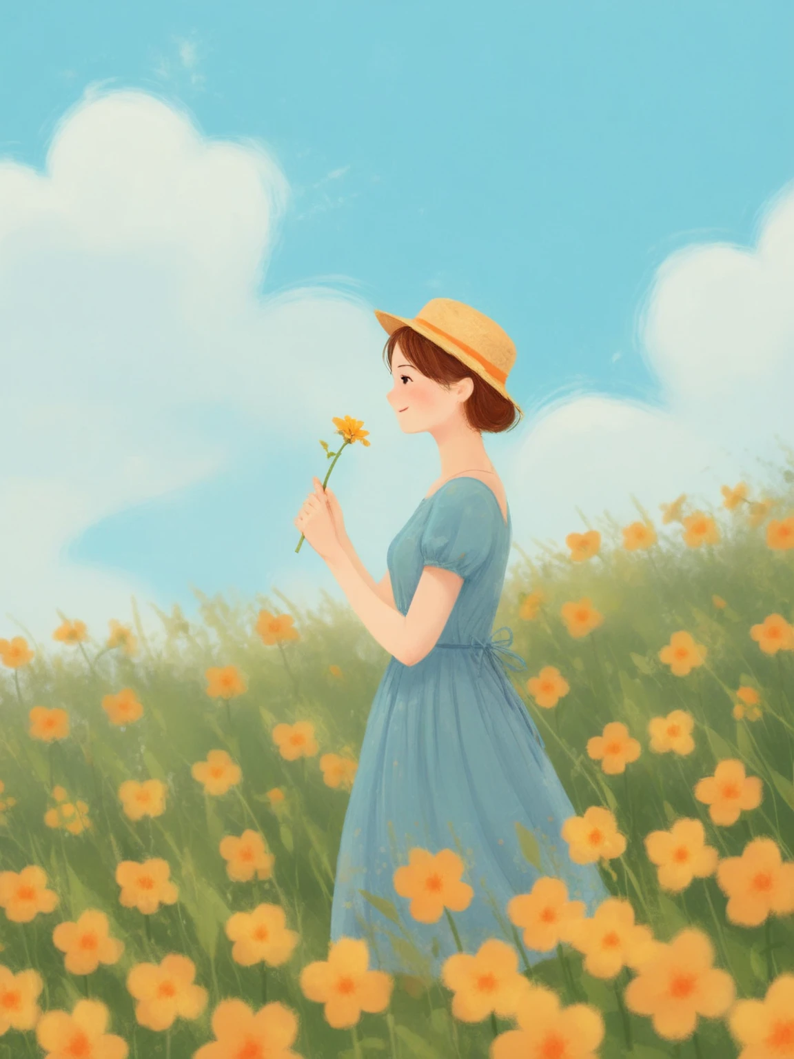 <lora:chatu0516:0.7>,illustrations,1girl,flower,solo,dress,hat,holding flower,outdoors,yellow flower,sky,blue sky,brown hair,holding,day,standing,cloud,hair bun,short hair,field,single hair bun,orange dress,from side,smile,wide shot,flower field,orange flower,