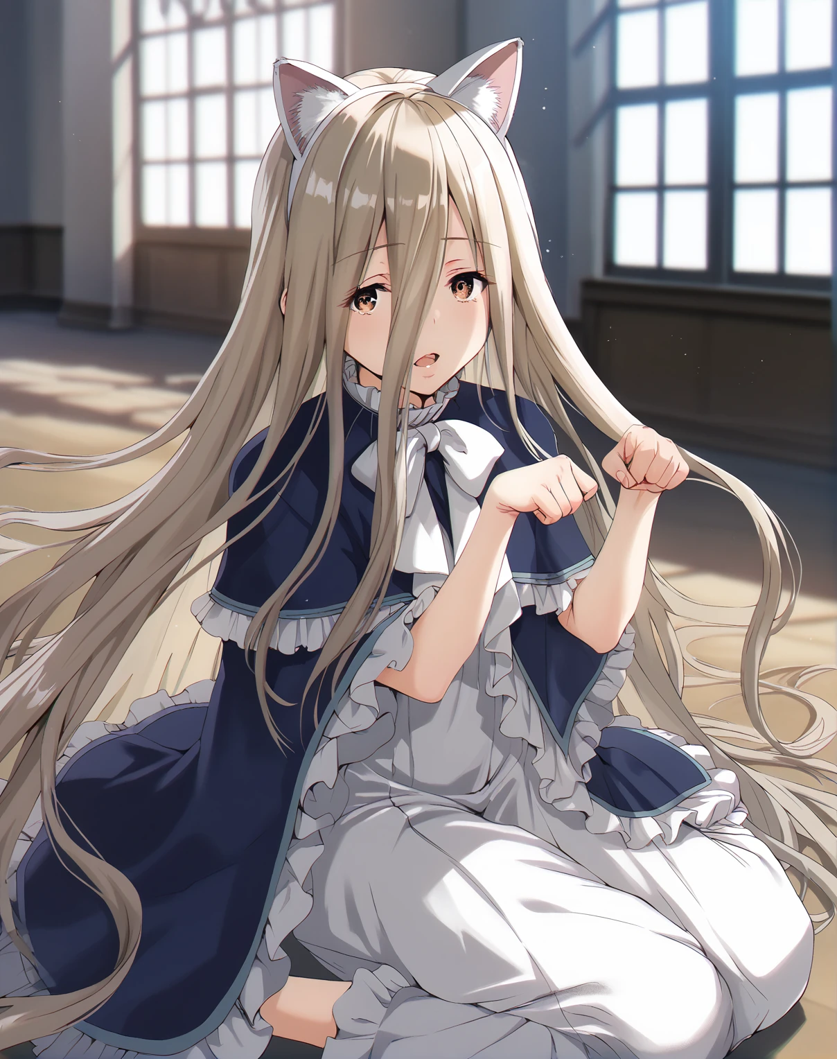 score_9, score_8_up, score_7_up,score_6_up, 1girl on the floor, paw pose, open mouth, fake cat ears, castle, window
urnsty <lora:uran_style_pony6_v1-000036:1> <lora:sense_sousou no frieren_PONY_last:0.8> sense \(sousou no frieren\),brown eyes,very long hair,absurdly long hair,hair between eyes,eyes visible through hair, blue capelet,frilled dress,white long dress