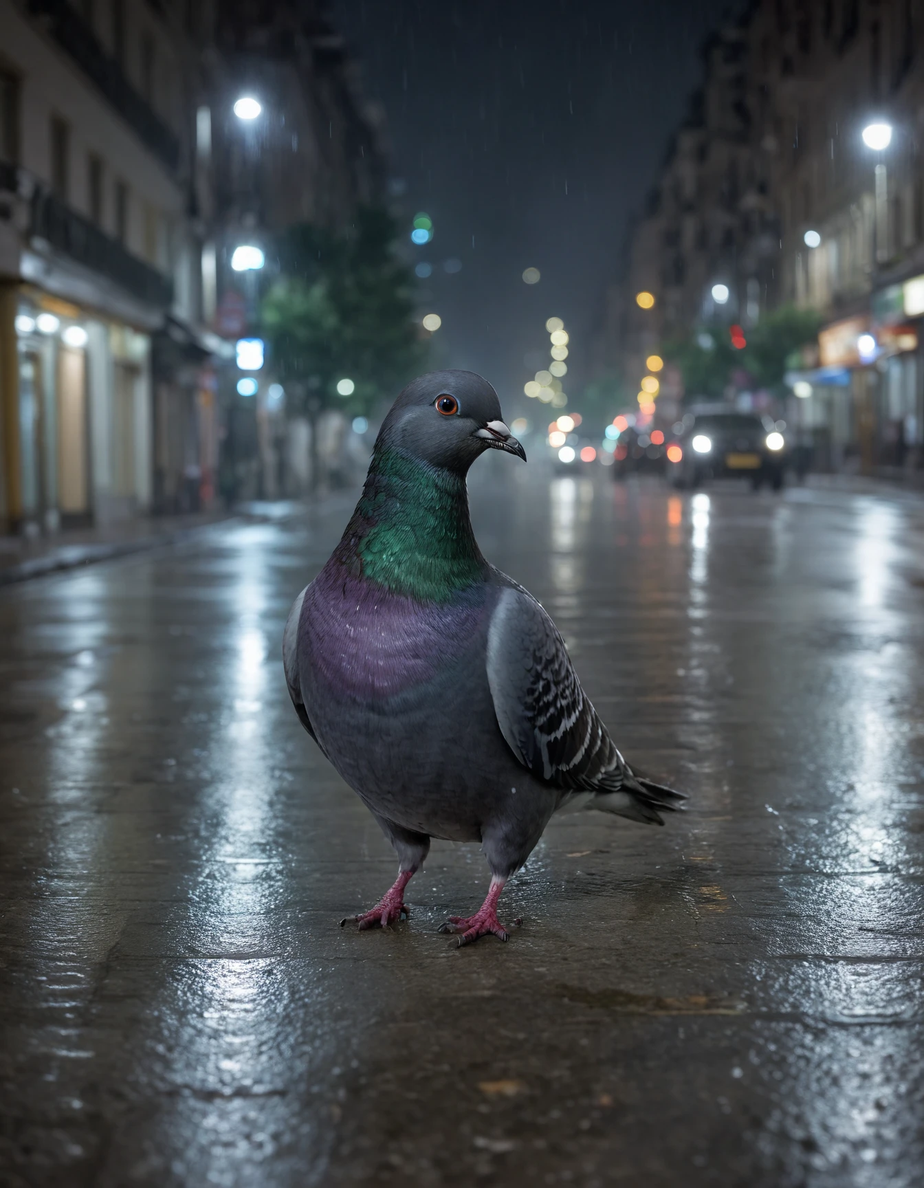 pigeon on a city street, rain, photograph, night