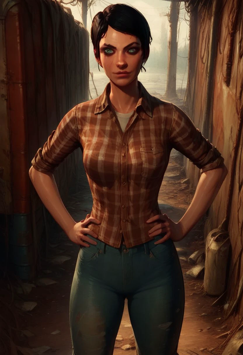 Score_9_up, score_8_up, score_7_up, 1girl, curie, black hair, green eyes, plaid shirt, hands on hips, rundown shackk