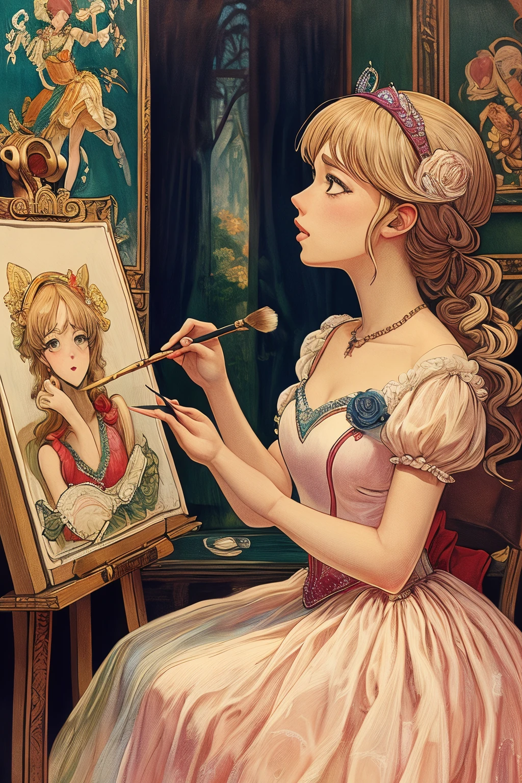 masterpiece,best quality,<lora:tbh132-:0.8>,idolmaster cinderella girls,illustration,painting,style of Walter Crane,