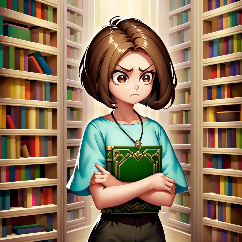 The image is an illustration of a cartoon female character standing confidently in a library setting. She has brown hair, which is styled into a short bob, and she wears a light blue short-sleeve shirt paired with dark brown high-waisted pants that feature two rows of buttons. Around her neck, she wears a small pendant on a black cord. Her expression is serious, and she appears somewhat sullen or contemplative, with her arms crossed in front of her. Behind the character, there are multiple books arranged neatly in three tiers. On the left side, a notably large, yellowing book with a black cover can be seen, while to the right, a green book with a brown cover is visible. The overall ambiance of the image conveys elegance and a confident demeanor, set against a background that suggests the interior of a library. <lora:FakeMobileGame:1>