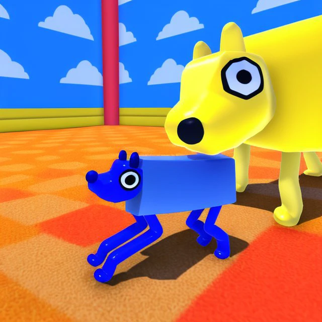 a blue wobbledog next to a yellow wobbledog <lora:dogfinal:0.95>