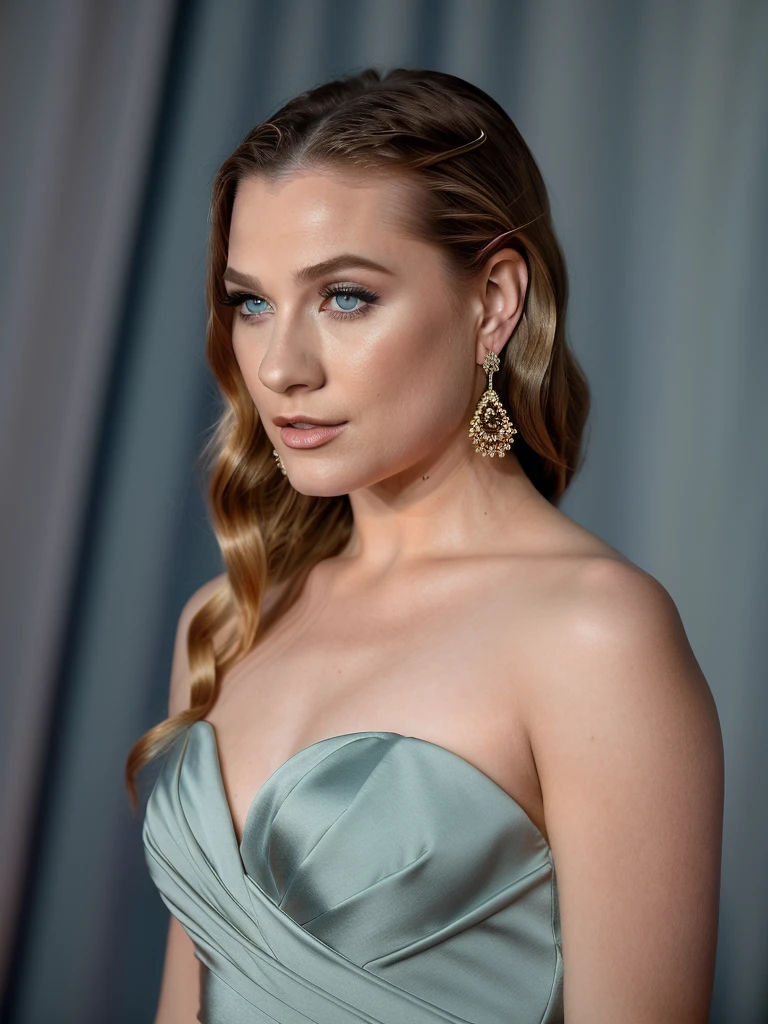 Realistic photo of a beautiful 3v4nr4ch3l woman,1girl, solo, long hair, blue eyes, blonde hair, dress, bare shoulders, jewelry, closed mouth, upper body, earrings, mole, blurry, lips, strapless, makeup, blurry background, blue dress, forehead, eyeshadow, curly hair, mole on breast, realistic, professional Photography, Photorealistic, detailed, RAW, analog, sharp focus, 8k, HD, DSLR, high quality, Fujifilm XT3, film grain, award winning, masterpiece<lora:3v4nr4ch3l:1.0>