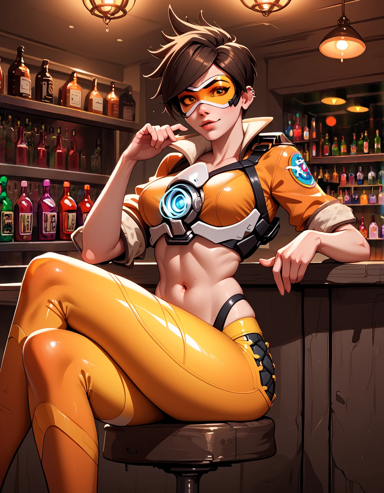 score_9, score_8_up, score_7_up, score_6_up, score_5_up, score_4_up,  
source: illustration,rating: save,close up, (Tracer,wearing a orange outfit with a visor,pants,:1.2),overwatch expressive,  1girl, bodacious latina female dancer,  sitting (cross-legged:1.2) at the bar (on a barstool:1.2), (crossed legs), cute tummy, flirty, eye contact, side eye, dark nightclub bar, crowded nightclub, neon, glowing, high detailed texture, Expressiveh, easynegative