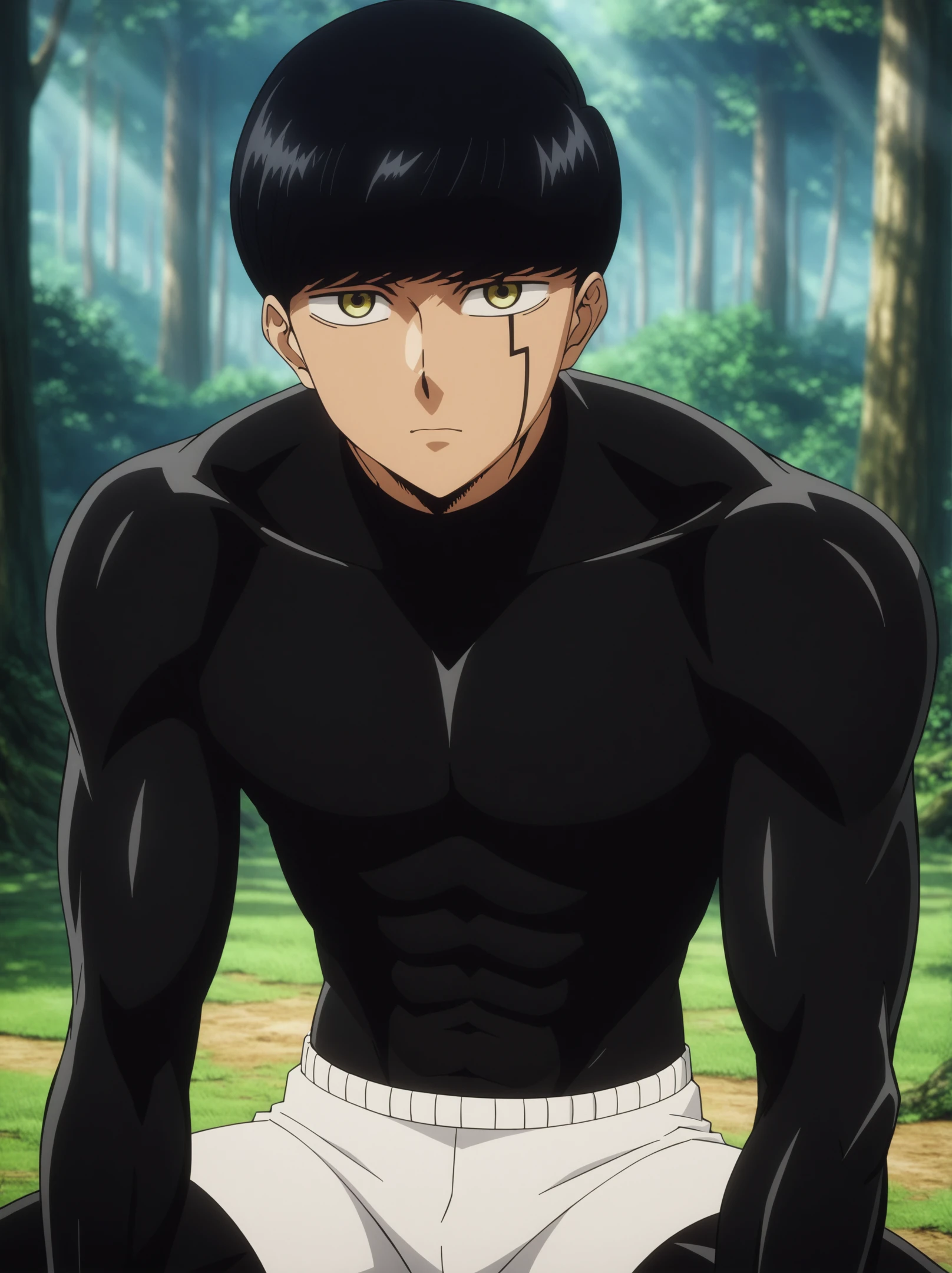 masterpiece, best quality, very aesthetic, ultra detailed, intricate details, 4k, anime style,
mashlebody, 1boy, solo, male focus, bangs, black hair, yellow eyes, bowl cut,
bodysuit, black bodysuit, shorts, white shorts, suit, abs, mashle, mash burnedead, 
sitting, upper body, looking at viewer, arms support, forest, outdoors, tree, sunlight, cloudy, <lora:Mashle_XL:1>