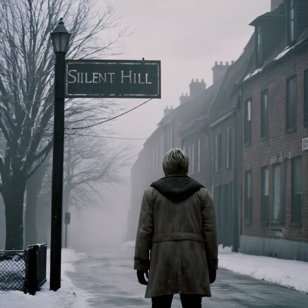 cinematic film still of  <lora:perfection style:0.5> <lora:detailed:0.5> perfection detailed
 <lora:Sairento Hiru style:1>
In the mysterious New England town of Silent Hill Protagonist a person standing in the snow near a sign says "silent hill",solo,1boy,standing,male focus,outdoors,sky,cloud,from behind,english text,tree,coat,snow,sign,wide shot,grey sky , cinematic, supernatural, horror style, Sairento Hiru style, shallow depth of field, vignette, highly detailed, high budget, bokeh, cinemascope, moody, epic, gorgeous, film grain, grainy