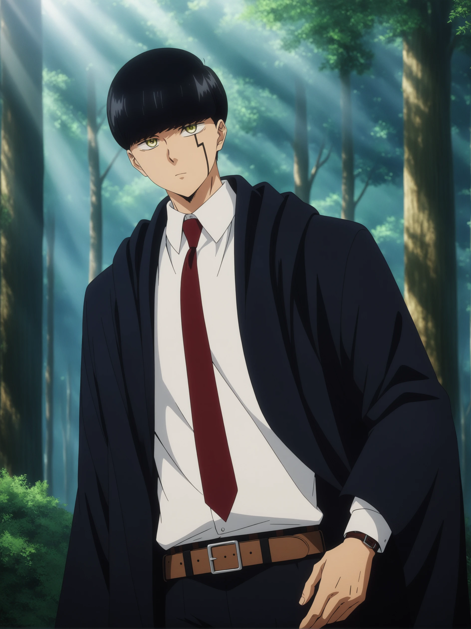 masterpiece, best quality, very aesthetic, ultra detailed, intricate details, 4k, anime style,
mashleai, 1boy, solo, male focus, bangs, black hair, yellow eyes, bowl cut,
shirt, long sleeves, white shirt, necktie, collared shirt, belt, pants, formal, suit, red necktie, cloak, black cloak, wide sleeves, mashle, 
upper body, looking at viewer, forest, outdoors, tree, sunlight, cloudy, <lora:Mashle_XL:1>