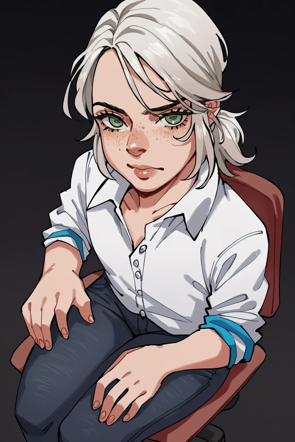 score_9, score_8_up, score_7_up, score_6_up, score_5_up source_anime,  <lora:Ciri-Young:0.8> ciri_young, white shirt, buttoned shirt, black jeans, ponytail, green eyes, freckles, office, <lora:pony_good_hands:1> good_hands, better_hands, detailed eyes, (dark background 1.4), sitting on chair, table, shortstack, blue armbands