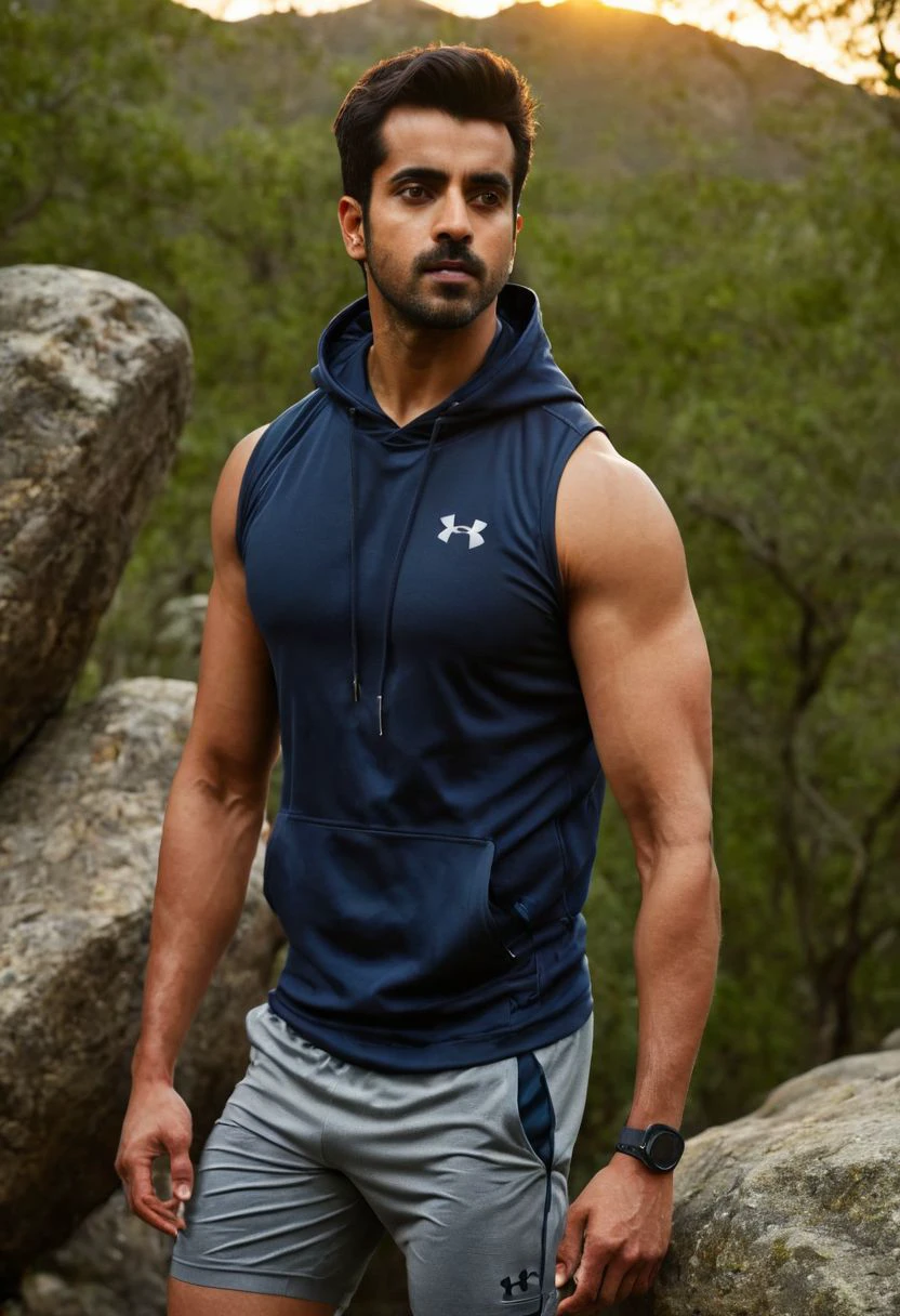 photo of Kumail Nanjiani a man <lora:Gautam-Gulati_Kumail-Nanjiani:0.8>, wearing a sleeveless well-fitted under armour hoodie and compression shorts, standing on a boulder, outdoor trail, 35mm photograph, film, bokeh, professional, 4k, highly detailed, creek in the background, natural lighting, golden hour