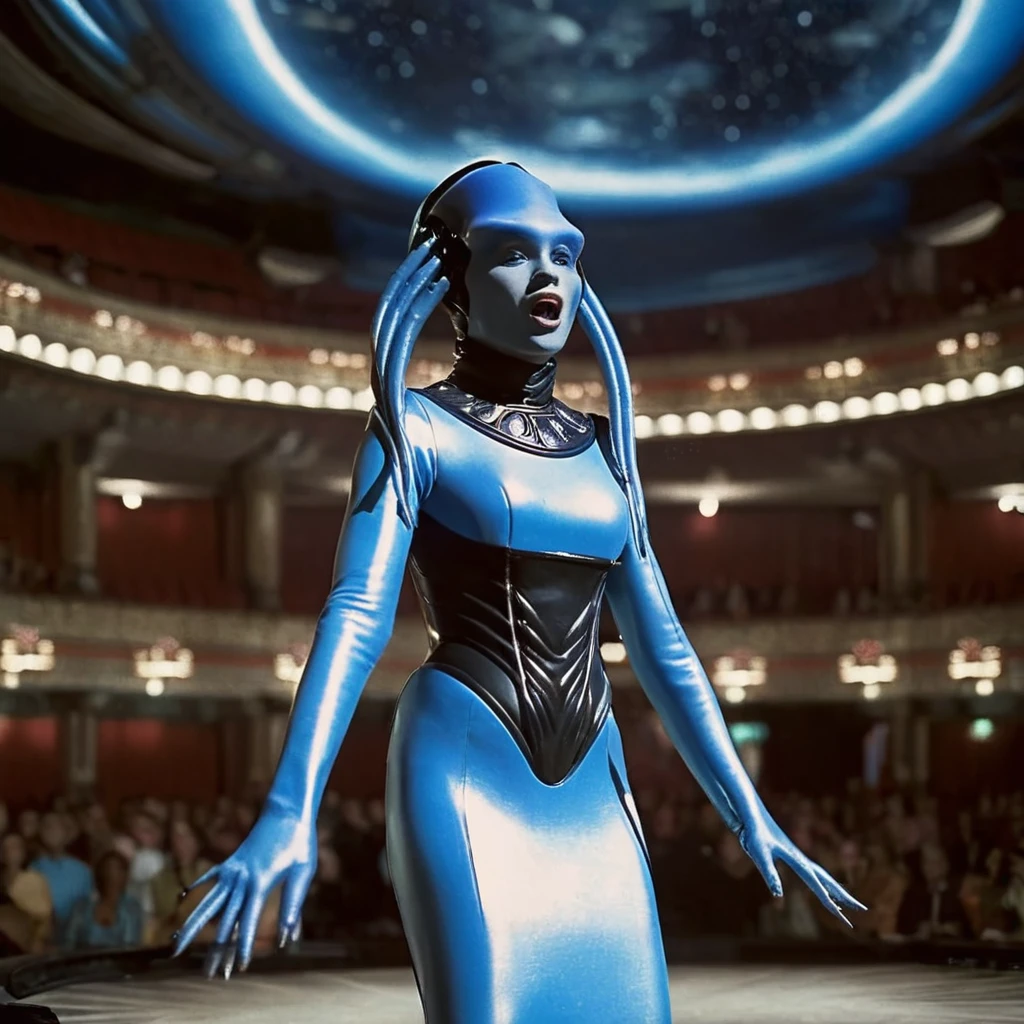 cinematic film still of <lora:detailed:0.5>
  <lora:perfection style:0.5>
<lora:Le Cinquieme Element style:0.5>
 <lora:Diva Plavalaguna :1>
Diva Plavalaguna In futuristic 2263 Diva a sci fi blue alien woman in a blue costume standing on a stage,1girl,solo,long hair,dress,twintails,bracelet,colored skin,outstretched arms,realistic,blue skin , 23rd century, realistic, cinematic, film, movie, sci fi, science fiction, action film, The Fifth Element style, Le Cinquieme Element style, singing on theater stage, operatic performer, shallow depth of field, vignette, highly detailed, high budget, bokeh, cinemascope, moody, epic, gorgeous, film grain, grainy