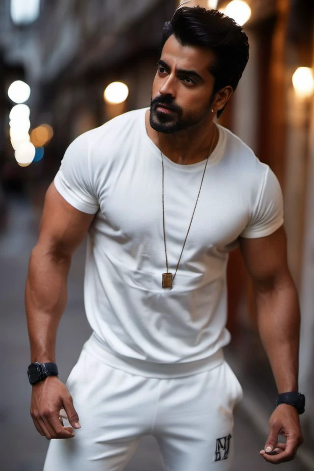 Kumail Nanjiani a man <lora:Gautam-Gulati_Kumail-Nanjiani:0.8>, realistic photo in a worn ((white tracksuit, massive hairy pecs)), ((light bokeh)), intricate, (steel metal [rust]), elegant, sharp focus, photo by greg rutkowski, soft lighting, vibrant colors, (masterpiece), ((streets)), (detailed face), looking at viewer, light smile, night, walking towards viewer, cinematic lighting, beautiful lighting, cinematic lighting, (hazy filter, film grain:1.2)