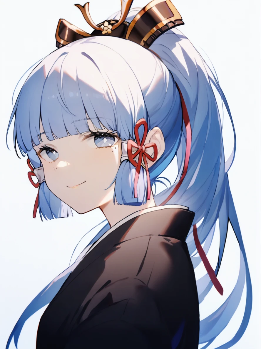1girl,
kamisato ayaka,
solo, white background, tress ribbon, hair ribbon, upper body, japanese clothes, blunt bangs, ribbon, smile, light blue hair, ponytail, red ribbon, closed mouth, blue hair, mole under eye, long hair, blue eyes, looking at viewer, simple background, mole,
masterpiece, best quality, safe
<lora:mki-ani3-konya_karasue-v2:1>