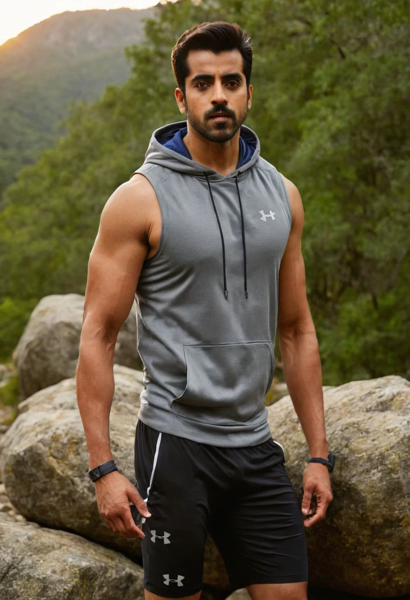 photo of Kumail Nanjiani a man <lora:Gautam-Gulati_Kumail-Nanjiani:0.8>, wearing a sleeveless well-fitted under armour hoodie and compression shorts, standing on a boulder, outdoor trail, 35mm photograph, film, bokeh, professional, 4k, highly detailed, creek in the background, natural lighting, golden hour