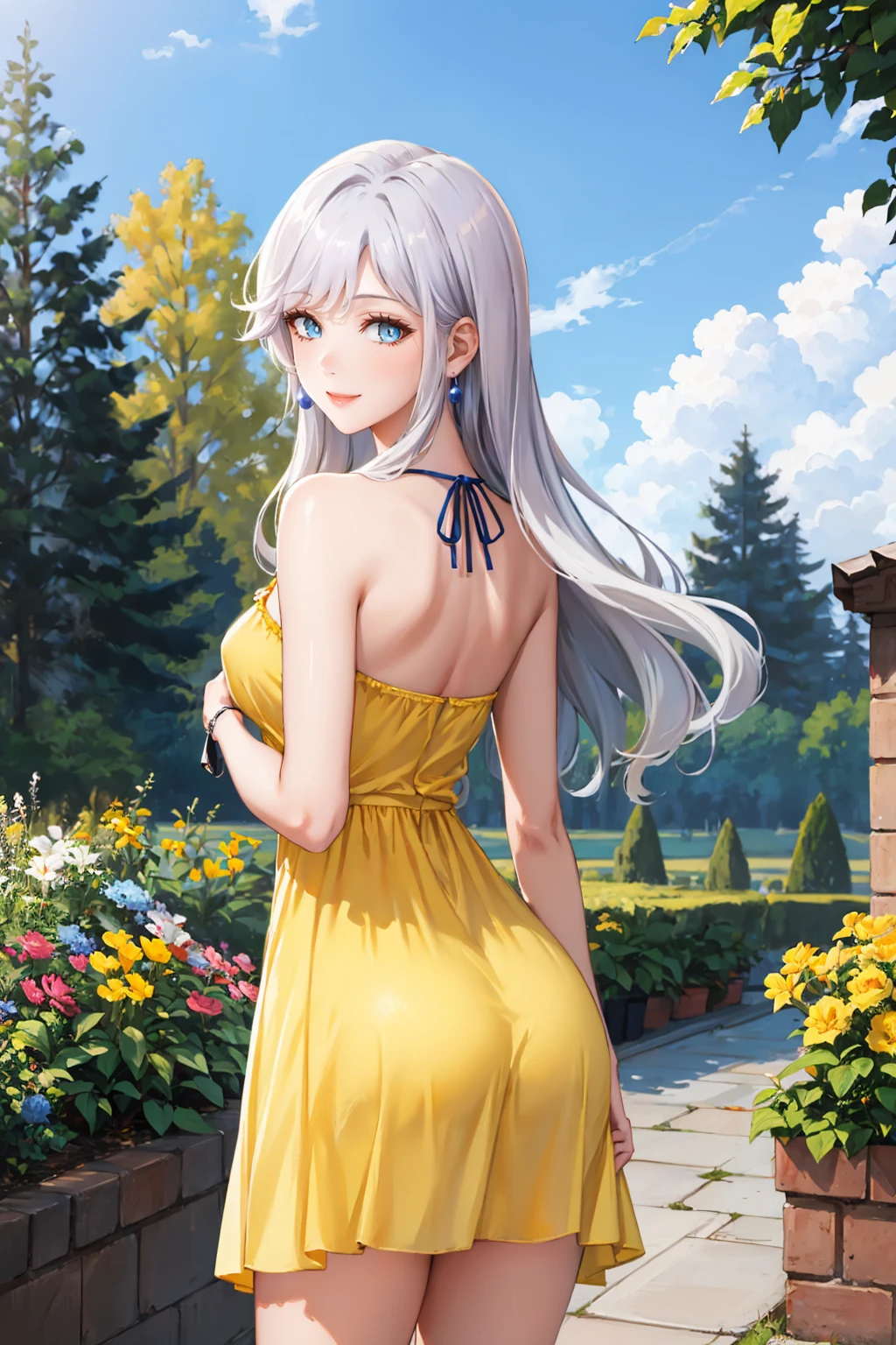 masterpiece, best quality, 1girl,  <lora:esri-nvwls-v1-000009:0.9> esritd, white hair, blue eyes, earrings, (yellow sundress:1.25), from behind, garden, blue sky, smile