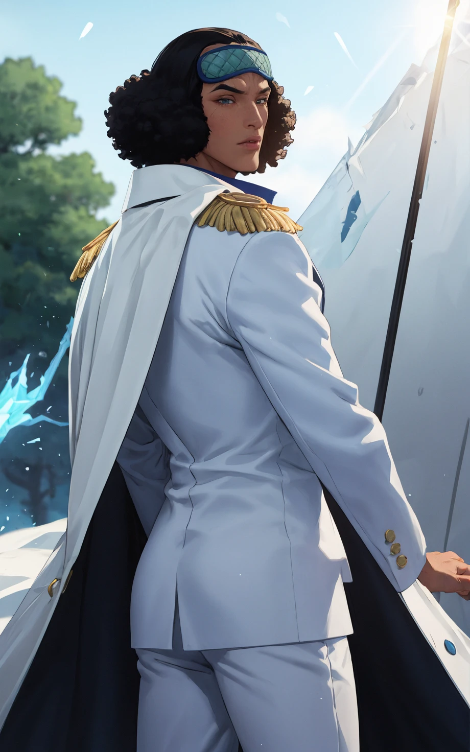 ((masterpiece, best quality)), insaneres, absurdres, solo, vanishing point,
MarineCoat_KuzanAokiji_ownwaifu,
1boy, black hair, dark skin, dark-skinned male, black eyes, afro, curly hair, scar, short hair, sideburns,
white suit, male focus, sleep mask, mask on head, yellow necktie, epaulettes, formal, suit, white pants, cape, necktie, vest, buttons, coat, pants, long sleeves, blue shirt, military uniform, white jacket,
ice, cryokinesis,
(contrapposto, looking back)<lora:Marine_Admiral_KuzanAokiji_ownwaifu:0.75>,
outdoors, lens flare, depth of field, bokeh, embers, looking at viewer,