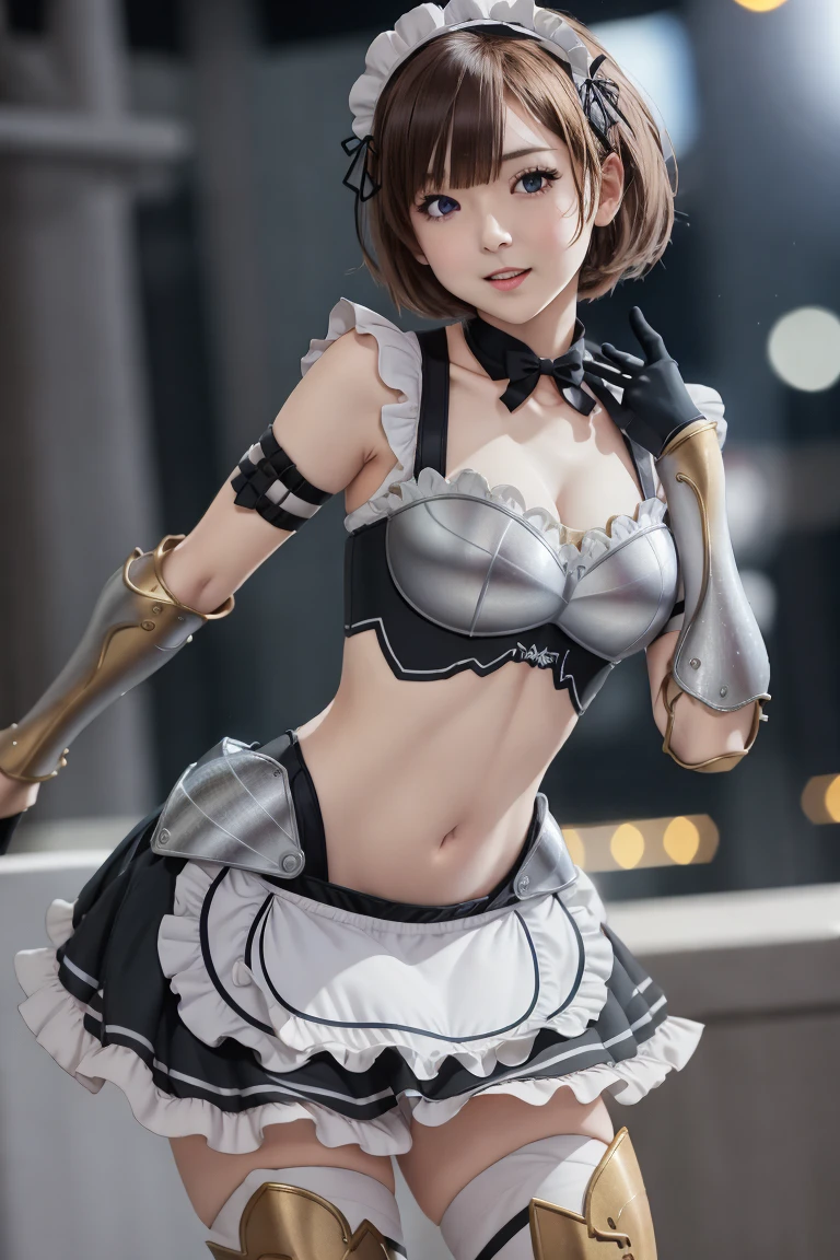 masterpiece, best quality,  1girl, maid-armor,  breasts, navel, hips, dynamic poses, dynamic angle, <lora:maid-armor:0.8>