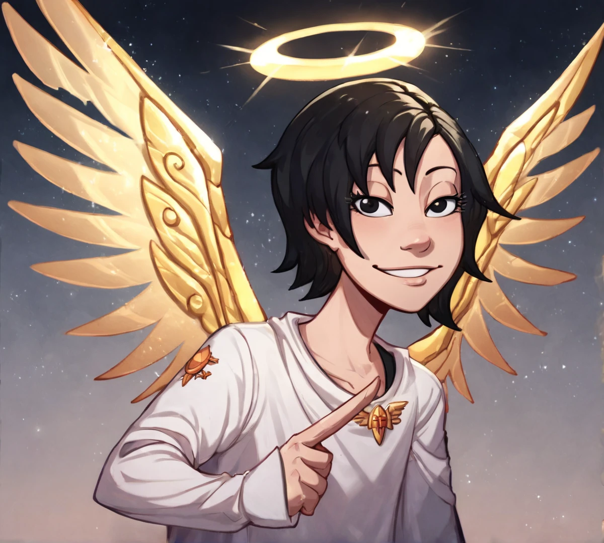 katerina, black hair, black eyes, zPDXL, best quality, amazing quality, score 9, halo, metal wings, pointing up, light smile, half closed eyes, looking at viewer, religious iconography, <lora:Katerina:1>