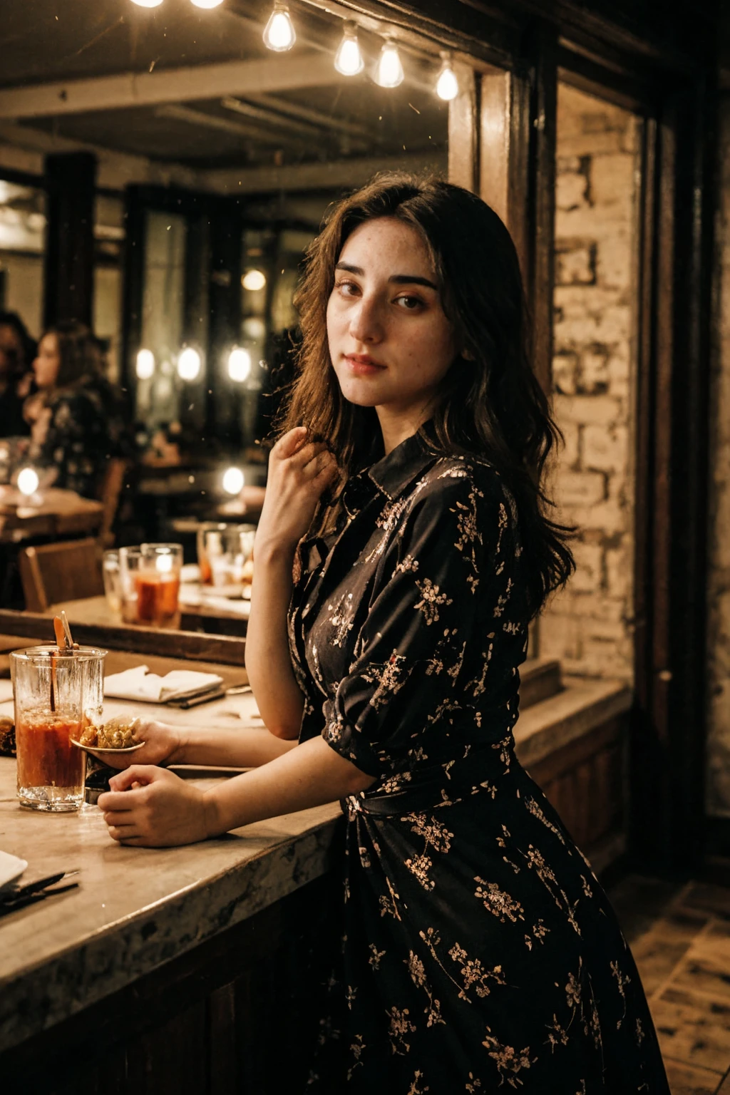 <lora:Abbshap15L:1> Abbshap15L, dress , portrait , restaurant at night, <lora:Hyper-SD15-8steps-lora:.7> ,