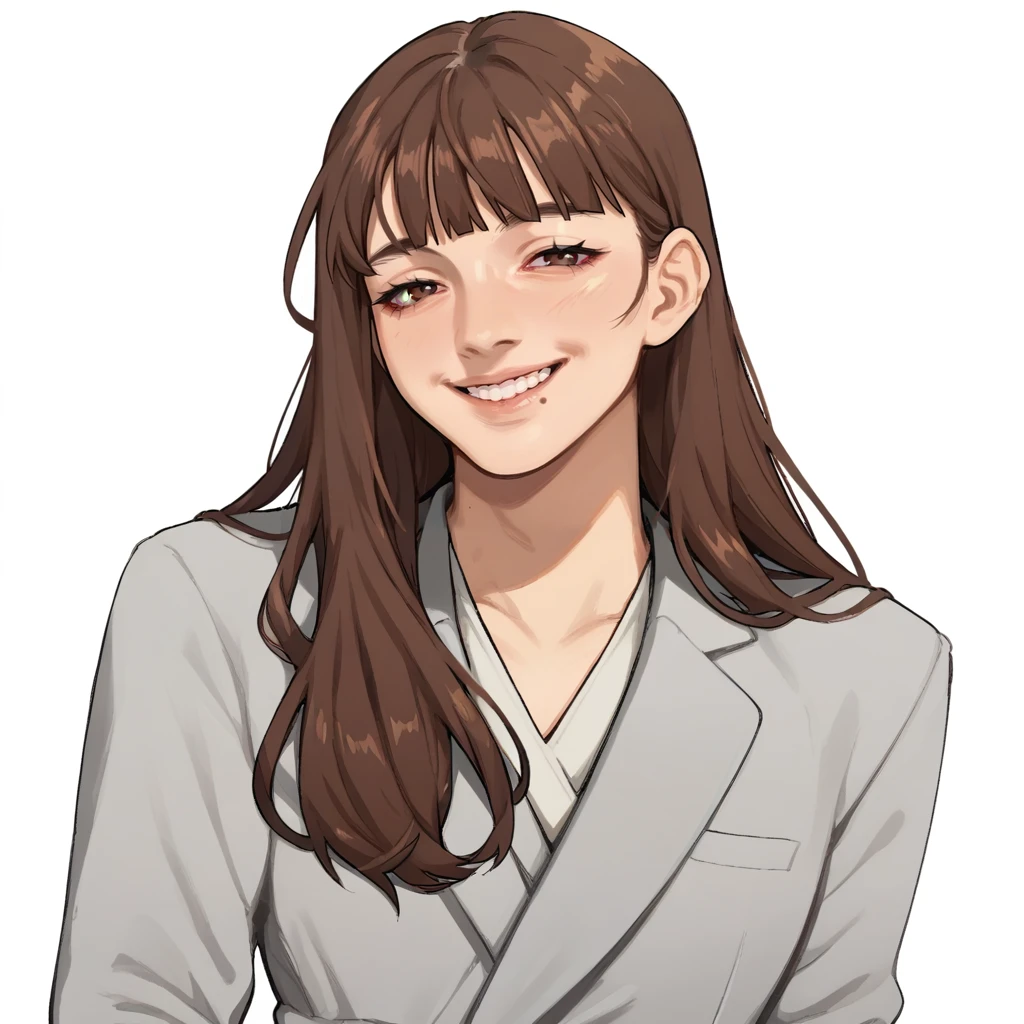 score_9, score_8_up, score_7_up, score_6_up, score_5_up, score_4_up, BREAK 1girl, yua yaiba, mole near lip, smile, looking at viewer, brown hair, long hair, bangs, upper body portrait, grey formal suit, long sleeves, plain white background, <lora:Yua_Yaiba-000004:1> <lora:Lunas-Porqueloin-SDXL-A1:1>