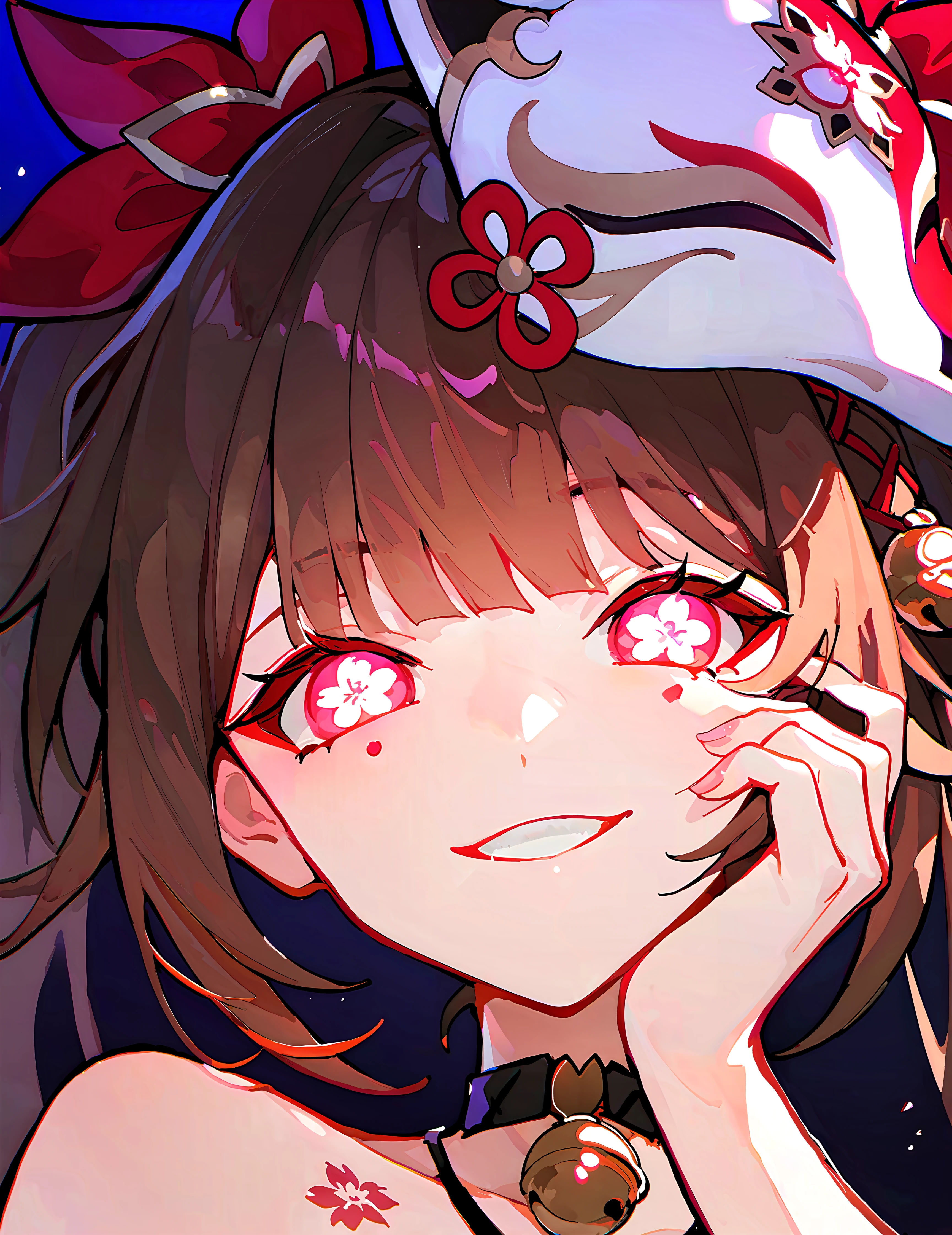 score_9, score_8_up, score_7_up, absurdres, 1girl, sparklehsr, choker, smile, mask on head, sakura-shaped pupils, hand on own cheek, portrait, <lora:sparkle-strPO-v1-000008:0.9>