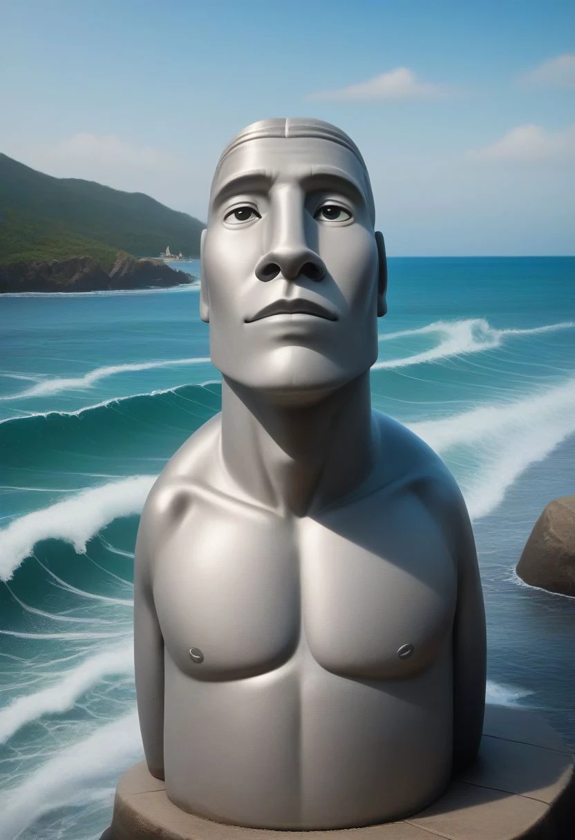 cinematic lighting, extremely detailed, high detail, hires textures, incredibly detailed, intricate details, intricate diorama, masterpiece, outstanding intricacies, photorealism, true masterpiece, Moai Statue, Moai face, Moai man, wearing a suit, shore background, luscious, Exquisite,  full body, coastal view, sea, waves,